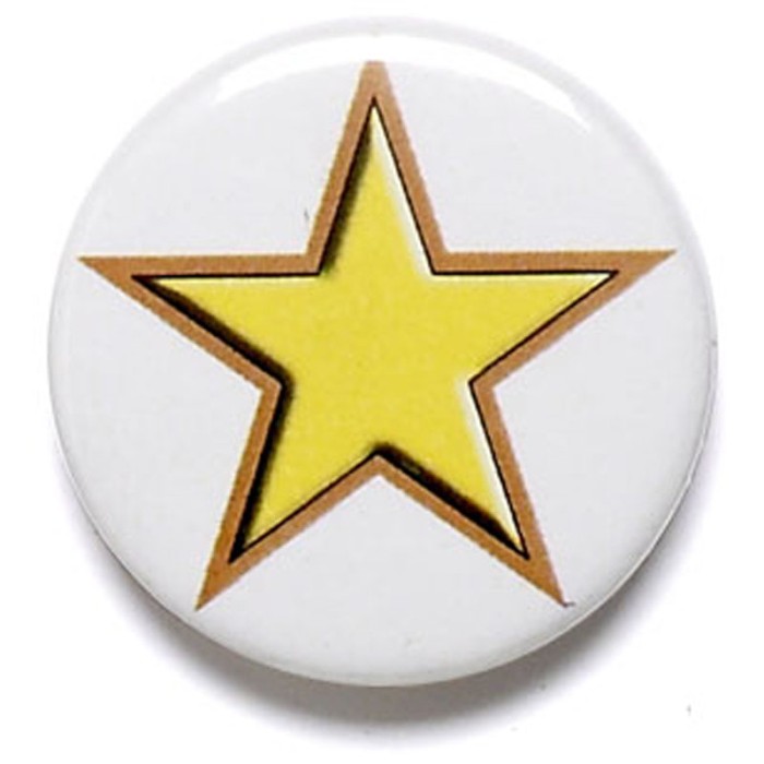 WHITE CIRCULAR 25MM FLAT PIN  BADGE WITH  YELLOW STAR 
